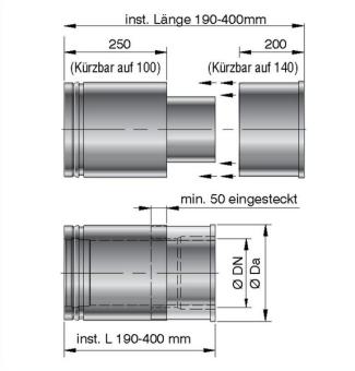 Wanddurchführung Rohr verstellbar 190 bis 400 mm Bertrams DW Edelstahlschornstein Ø 150 mm 
